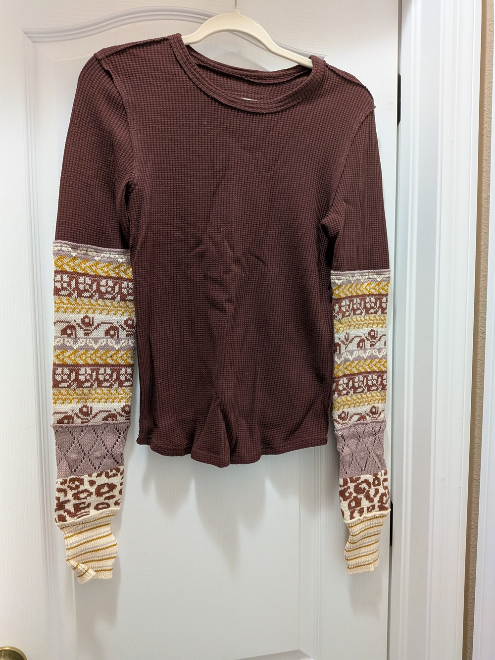 We The Free Brown Waffle Knit Long Sleeve Top with Patterned Sleeves